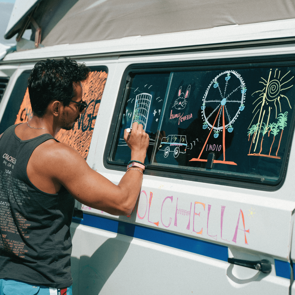 Coachella fan decorating his van for Carpoolchella